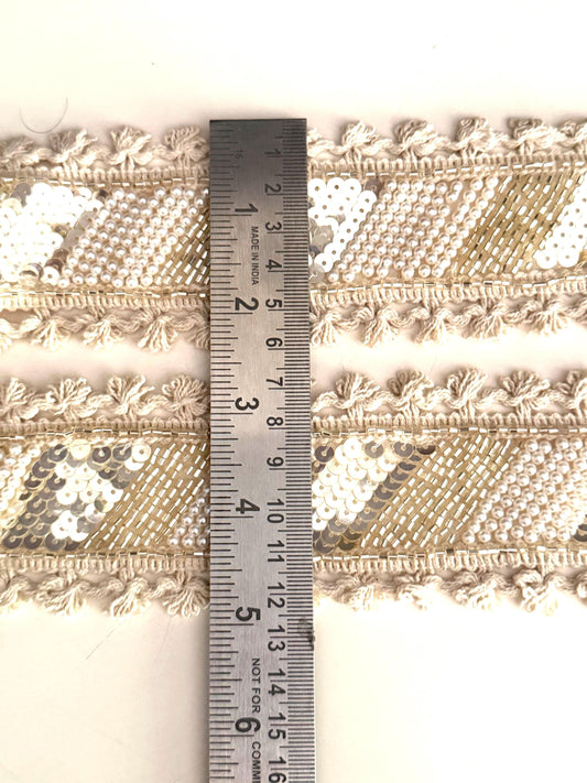 Ivory Beaded Boho Ribbon Trim Pearl & Sequin Embroidered Lace