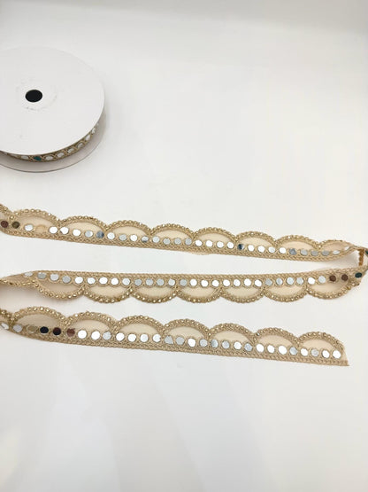 Mirror Work Trim by the Yard, Shisha Embroidered Gold Ribbon
