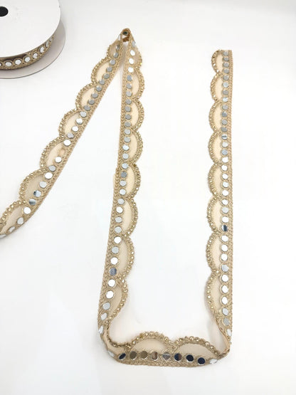Mirror Work Trim by the Yard, Shisha Embroidered Gold Ribbon