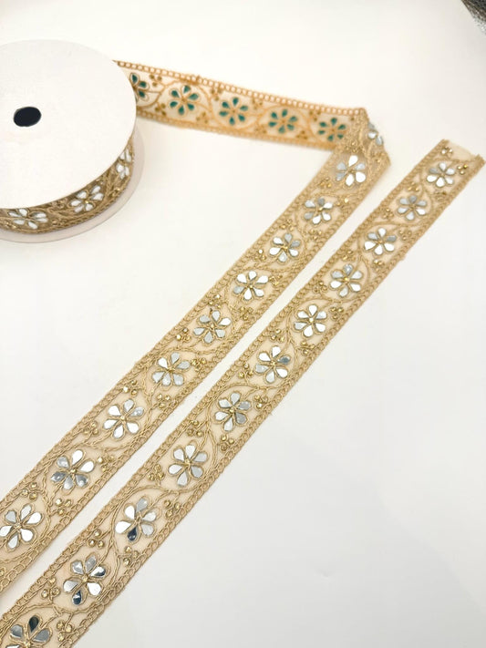 Floral Mirror Work Trim, Gold Embroidered Vine Lace