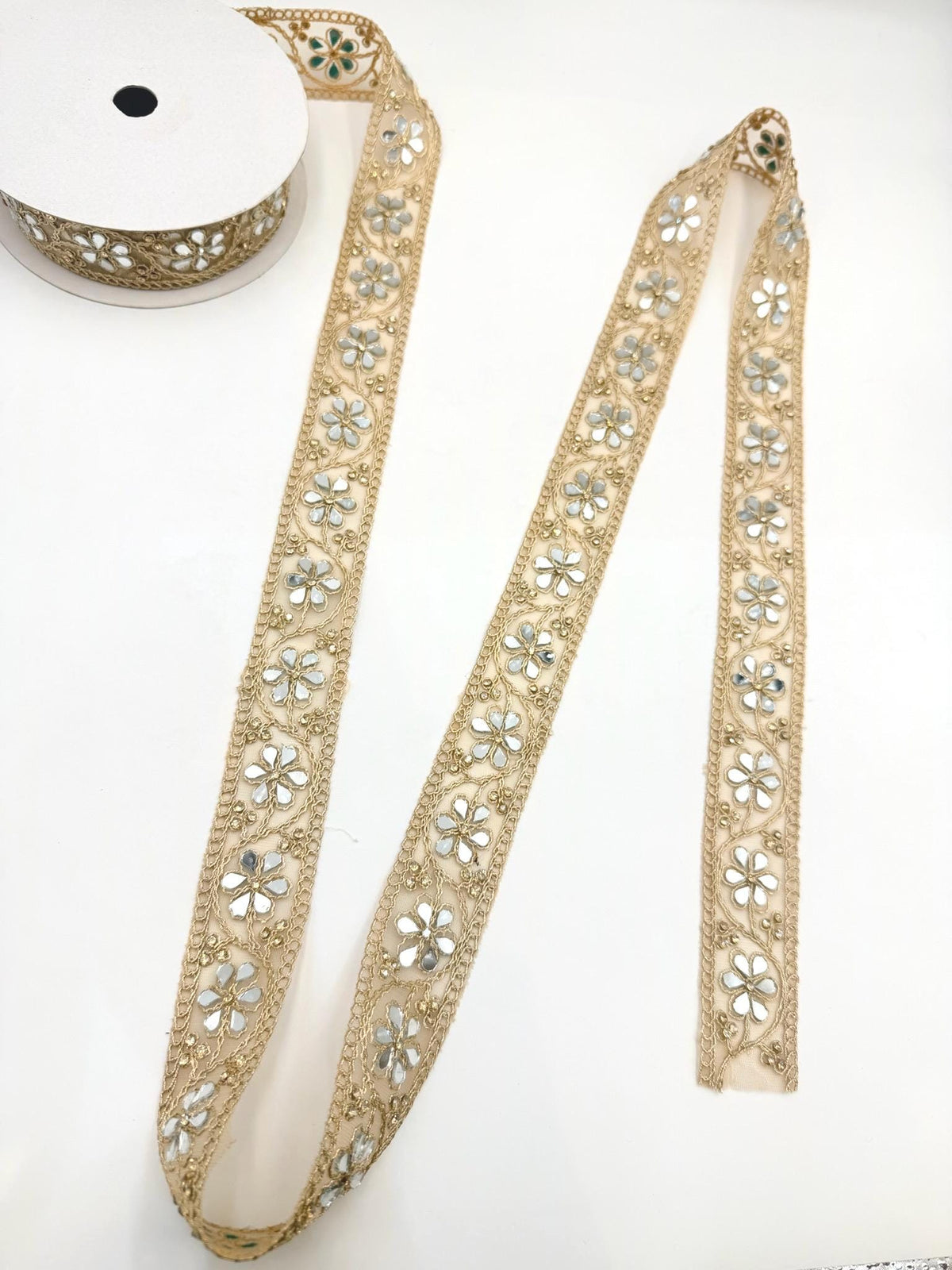 Floral Mirror Work Trim, Gold Embroidered Vine Lace