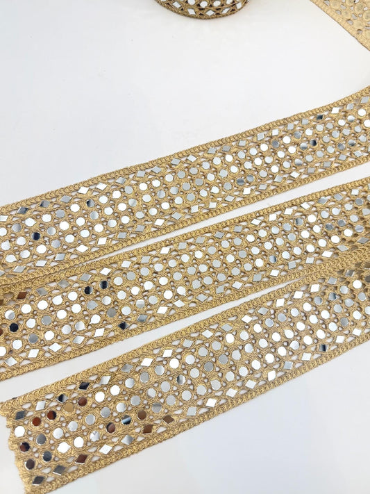 Wide Mirror Lattice Trim Dense Gold Mirror Ribbon
