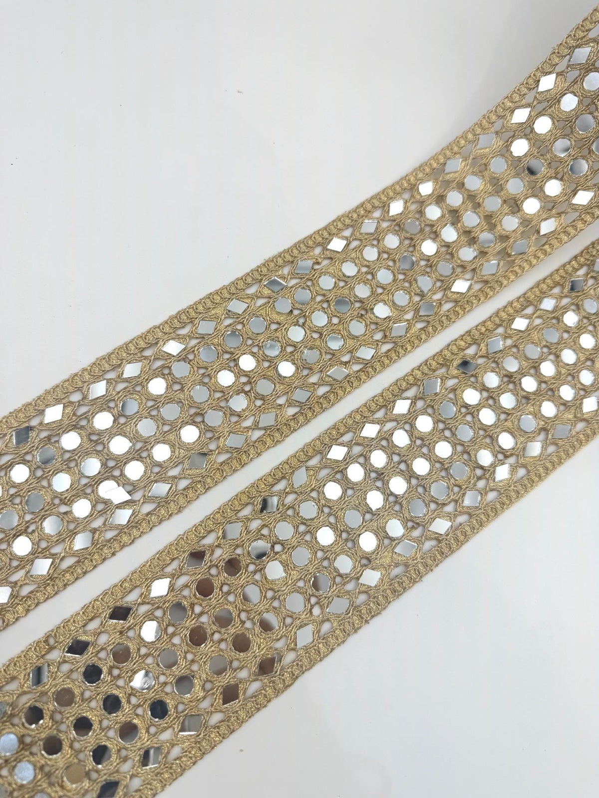 Wide Mirror Lattice Trim Dense Gold Mirror Ribbon
