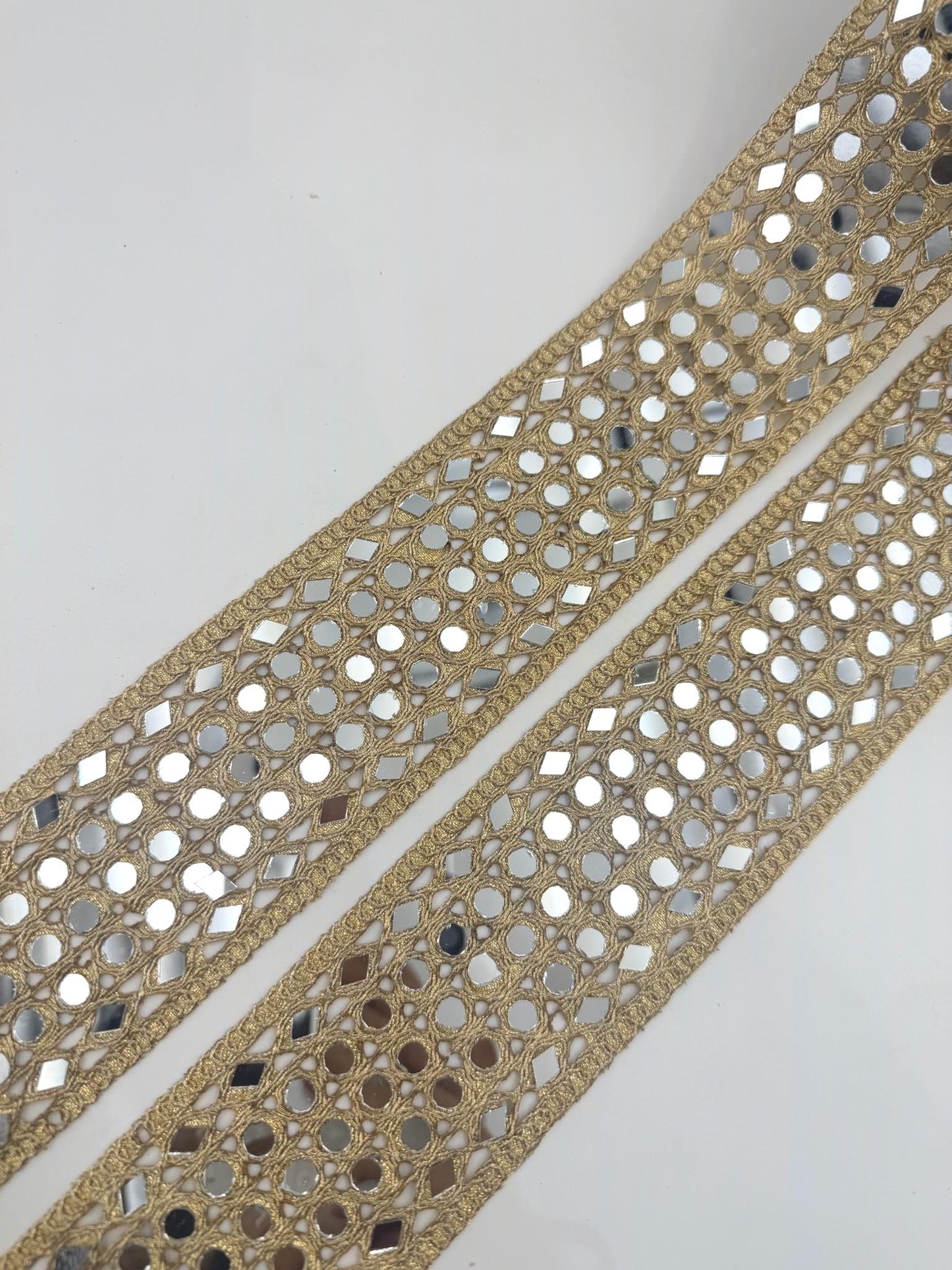 Wide Mirror Lattice Trim Dense Gold Mirror Ribbon