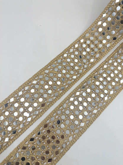 Wide Mirror Lattice Trim Dense Gold Mirror Ribbon
