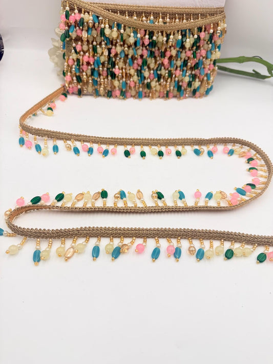 Beaded Tassel Fringe Trim Multicolor Glass Bead Ribbon