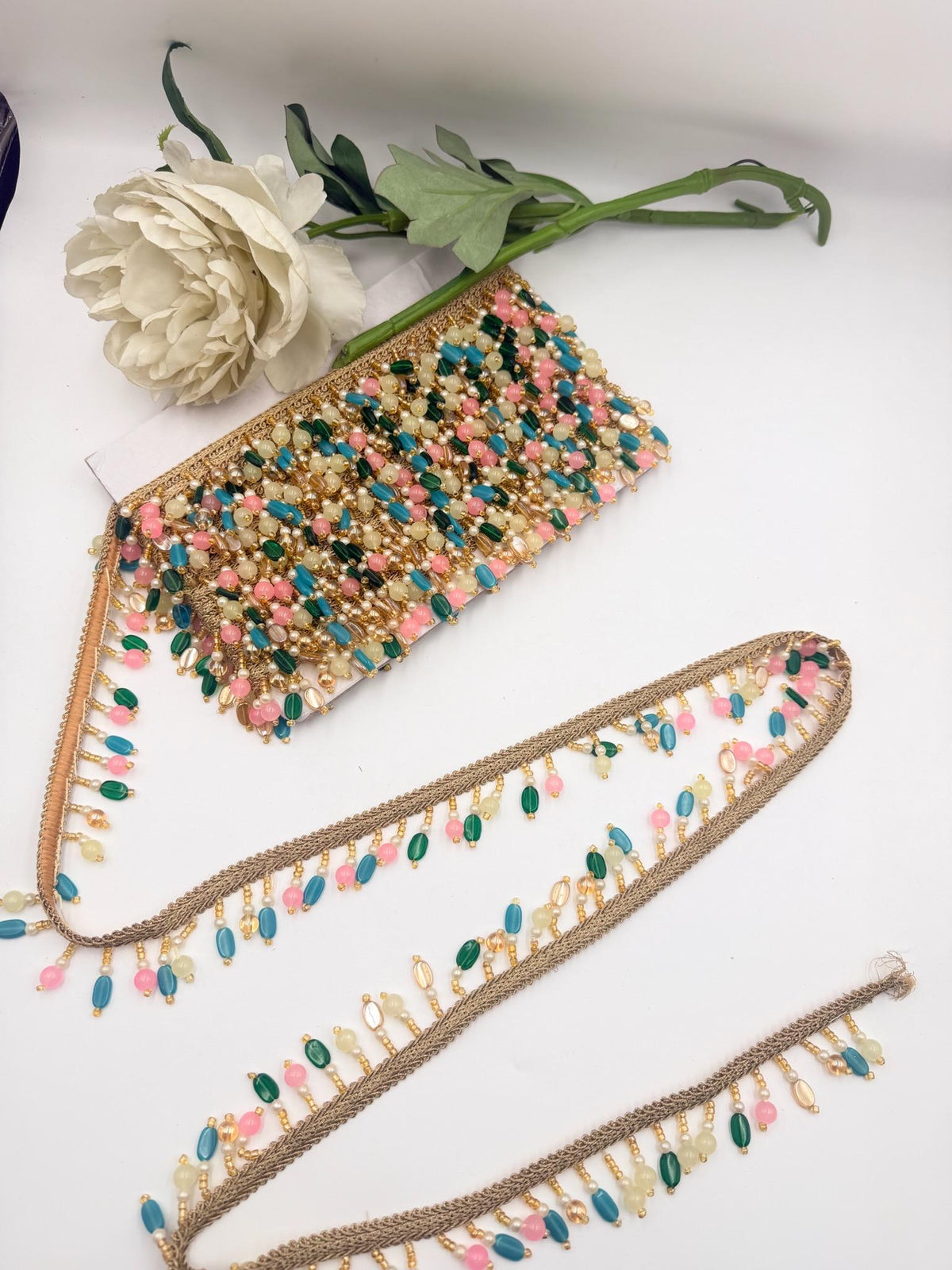 Beaded Tassel Fringe Trim Multicolor Glass Bead Ribbon