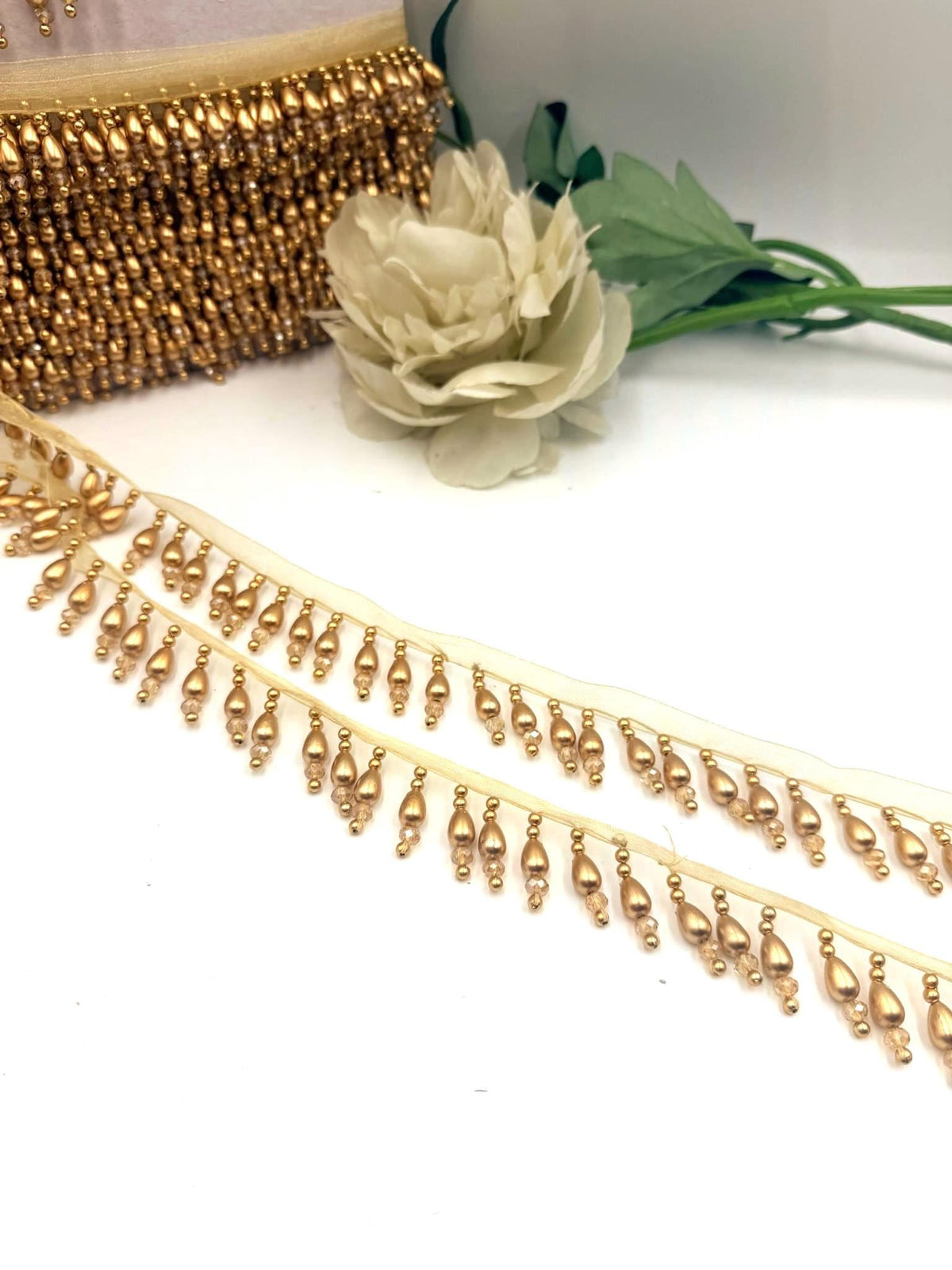 Gold Teardrop Beaded Trim Bridal Fringe Border