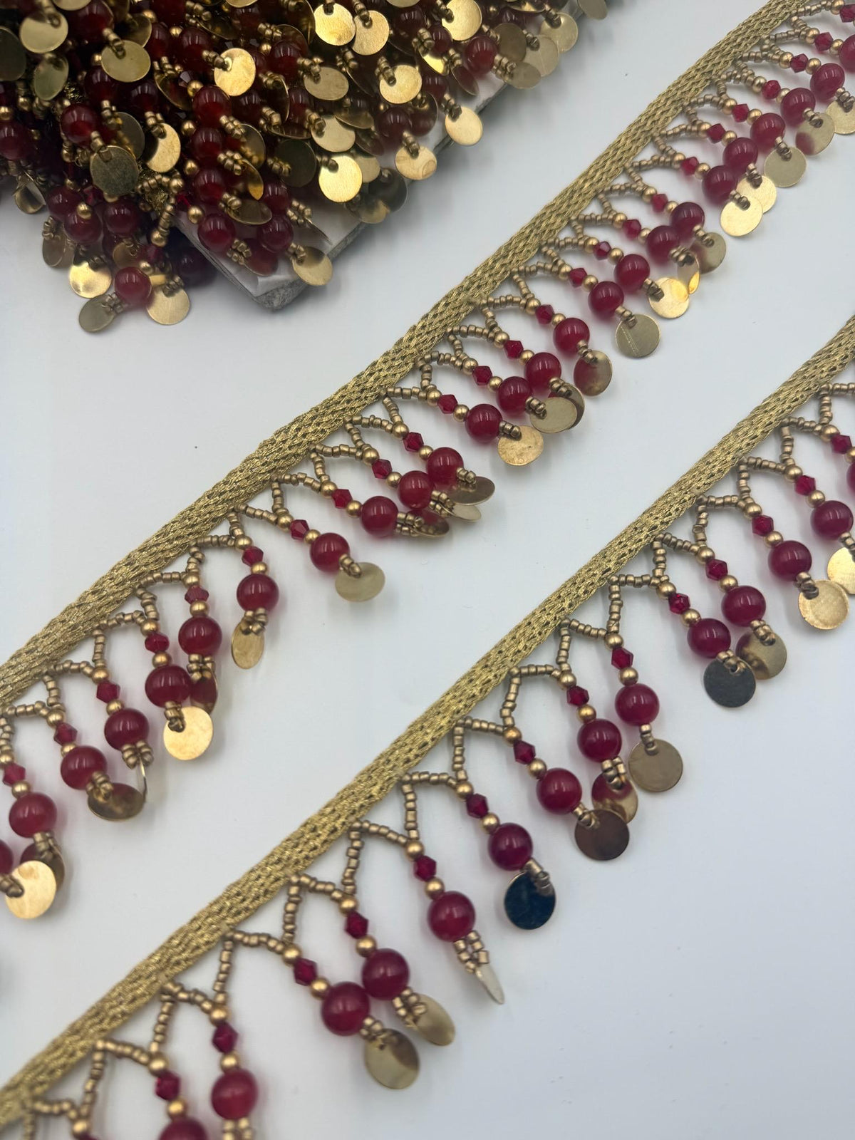 Beaded Jhalar Fringe Trim Red Green Gold Tassel