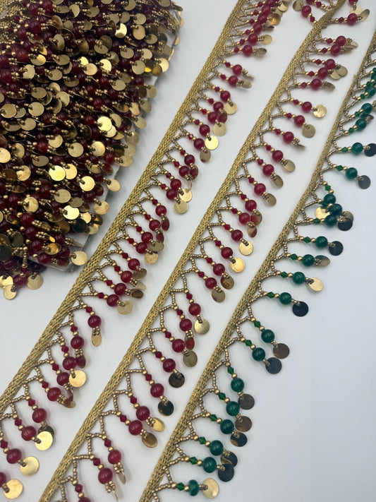 Beaded Jhalar Fringe Trim Red Green Gold Tassel