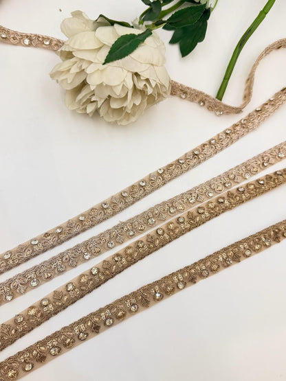 Luxury Floral Rhinestone Bridal Trim Kundan Champagne Gold Embroidered Border Wedding Dress Lace Crystal Applique Couture Fashion Ribbon