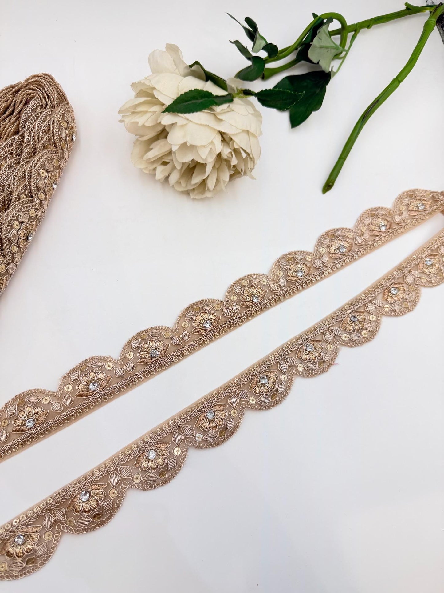 Champagne Gold Scalloped Floral Bridal Trim, Thin Embroidered Kundan Crystal Rhinestone Ribbon, Wedding Gown Veil Lehenga Saree Border