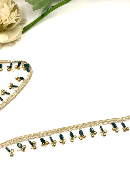 Emerald Green Beaded Trim Gold Ghungroo Lace