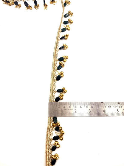 Emerald Green Beaded Trim Gold Ghungroo Lace