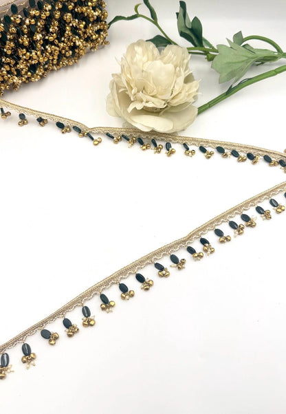 Emerald Green Beaded Trim Gold Ghungroo Lace