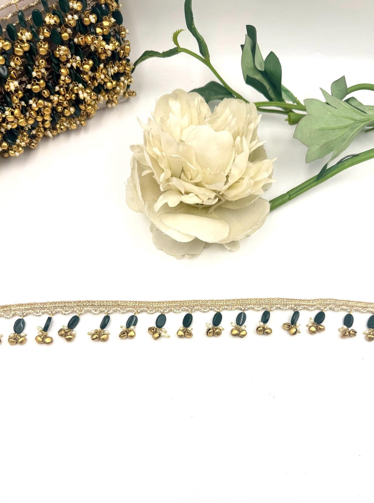 Emerald Green Beaded Trim Gold Ghungroo Lace