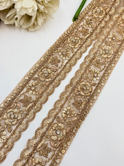 Champagne Gold Floral Embroidered Lace Trim, Bridal Rhinestone Wedding Gown Border Saree Lehenga Dupatta 2.5 Inch Couture Veil  Ribbon
