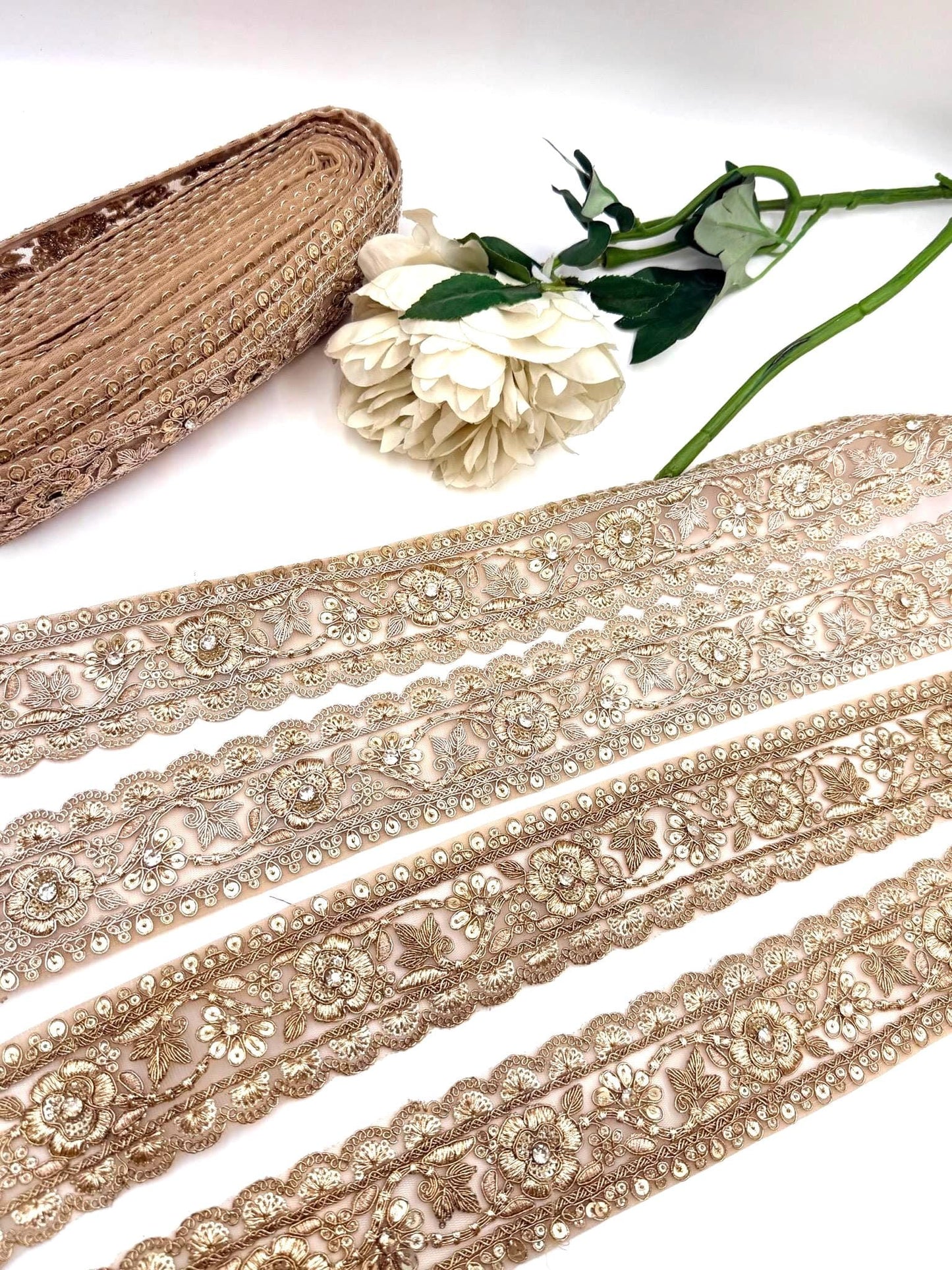 Champagne Gold Floral Embroidered Lace Trim, Bridal Rhinestone Wedding Gown Border Saree Lehenga Dupatta 2.5 Inch Couture Veil  Ribbon