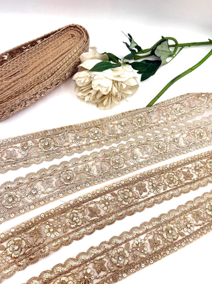 Champagne Gold Floral Embroidered Lace Trim, Bridal Rhinestone Wedding Gown Border Saree Lehenga Dupatta 2.5 Inch Couture Veil  Ribbon