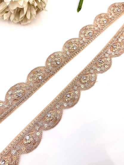 Champagne Gold Scalloped Floral Bridal Trim, Thin Embroidered Kundan Crystal Rhinestone Ribbon, Wedding Gown Veil Lehenga Saree Border