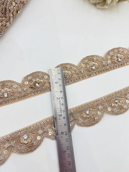 Champagne Gold Scalloped Floral Bridal Trim, Thin Embroidered Kundan Crystal Rhinestone Ribbon, Wedding Gown Veil Lehenga Saree Border