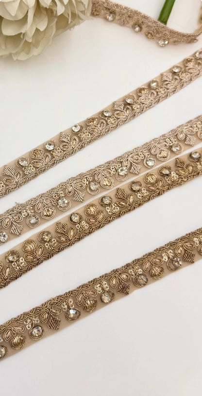 Luxury Floral Rhinestone Bridal Trim Kundan Champagne Gold Embroidered Border Wedding Dress Lace Crystal Applique Couture Fashion Ribbon