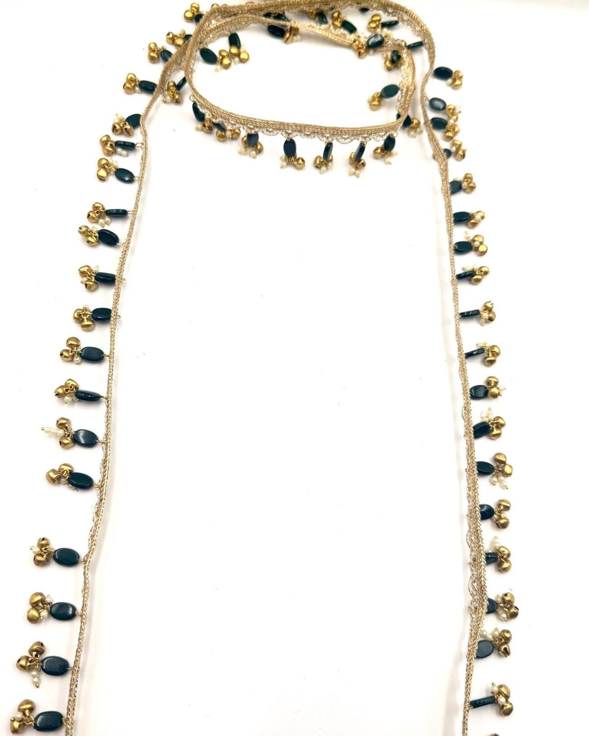 Emerald Green Beaded Trim Gold Ghungroo Lace