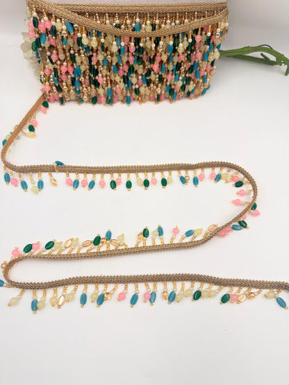 Beaded Tassel Fringe Trim Multicolor Glass Bead Ribbon