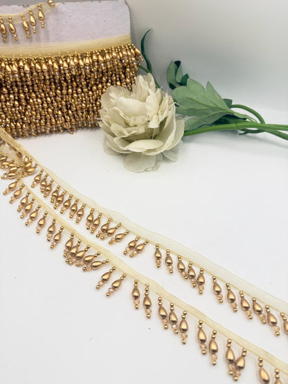Gold Teardrop Beaded Trim Bridal Fringe Border
