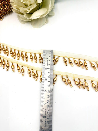 Gold Teardrop Beaded Trim Bridal Fringe Border
