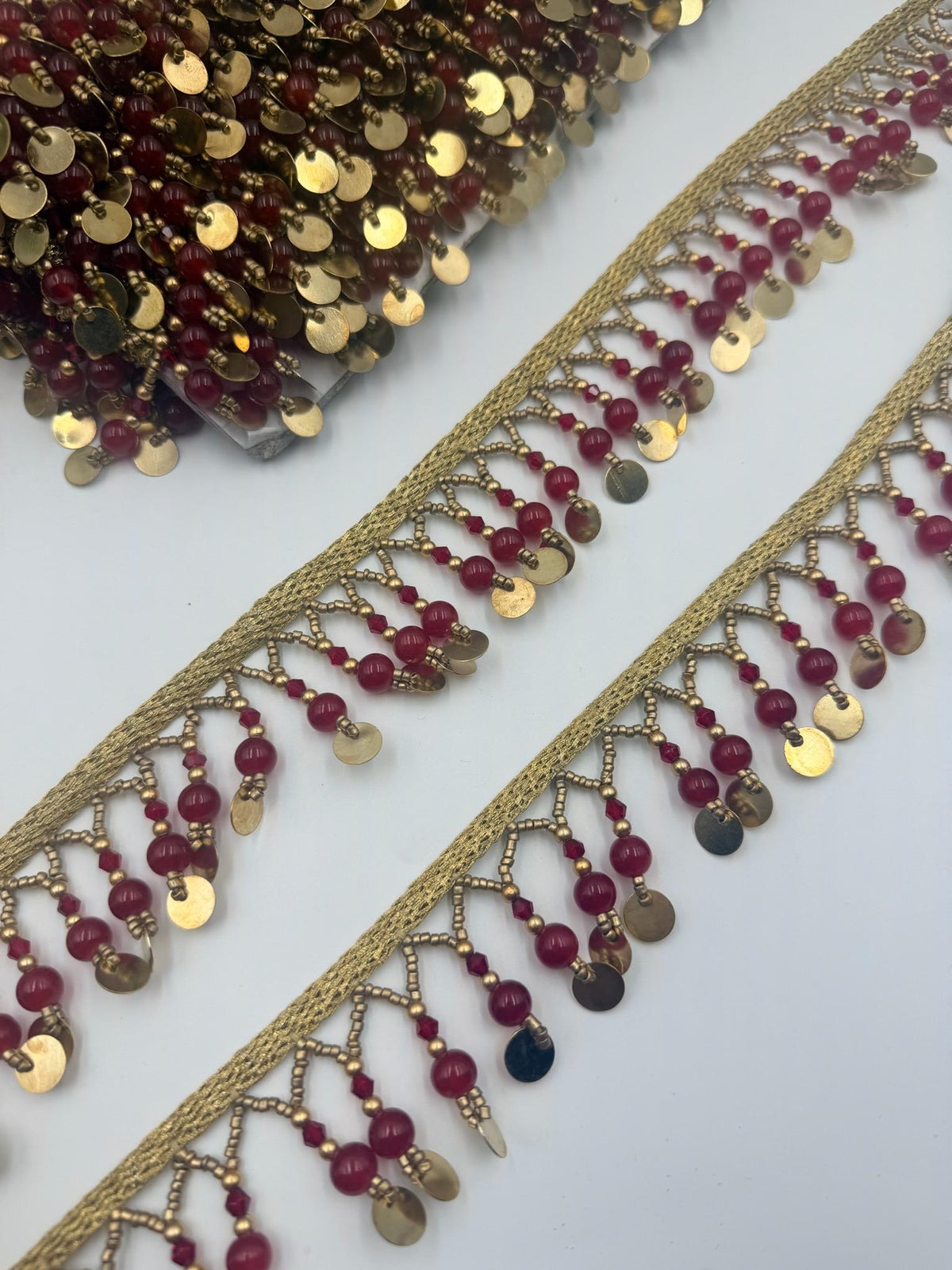 Beaded Jhalar Fringe Trim Red Green Gold Tassel