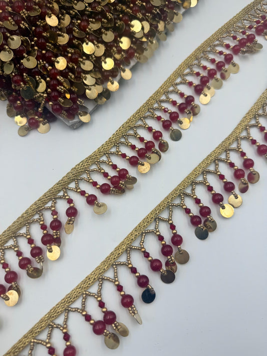 Beaded Jhalar Fringe Trim Red Green Gold Tassel