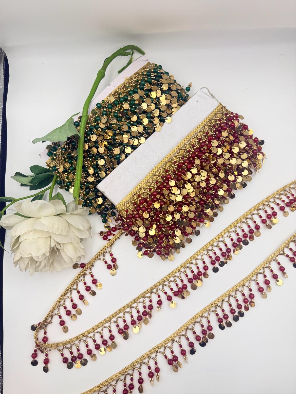 Beaded Jhalar Fringe Trim Red Green Gold Tassel