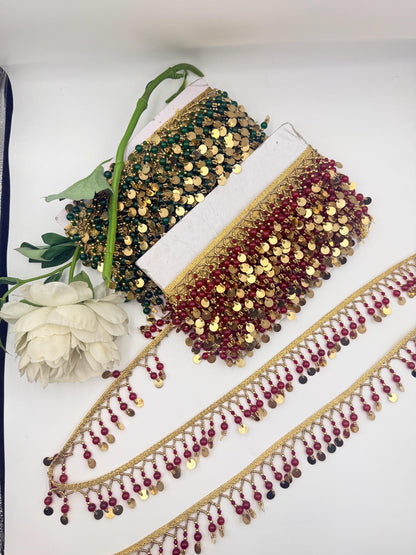 Beaded Jhalar Fringe Trim Red Green Gold Tassel