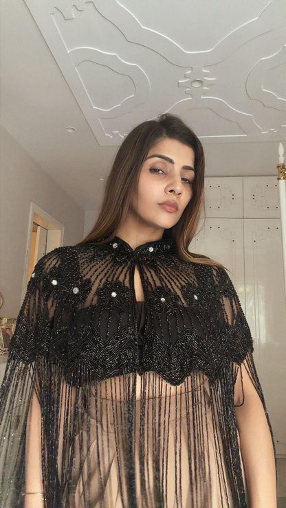 Black Beaded Fringe Cape Sheer Bridal Capelet, Embellished Wedding Cover Up Luxury Evening Shawl Couture Party Wrap