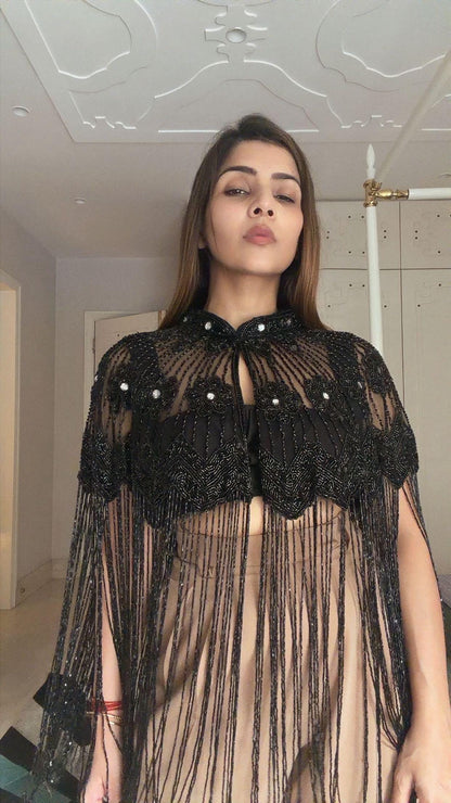 Black Beaded Fringe Cape Sheer Bridal Capelet, Embellished Wedding Cover Up Luxury Evening Shawl Couture Party Wrap