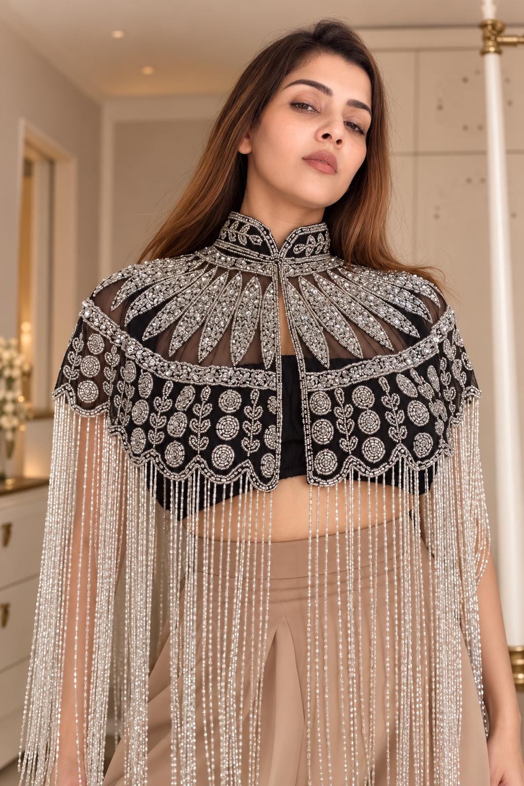 Black Silver Beaded Capelet with Fringe, Embroidered Shoulder Cover Up, Art Deco Evening Wedding Accessory Bridesmaid Dress Cape