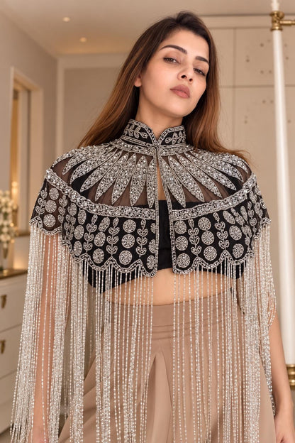Black Silver Beaded Capelet with Fringe, Embroidered Shoulder Cover Up, Art Deco Evening Wedding Accessory Bridesmaid Dress Cape