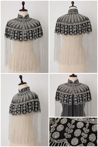 Black Silver Beaded Capelet with Fringe, Embroidered Shoulder Cover Up, Art Deco Evening Wedding Accessory Bridesmaid Dress Cape