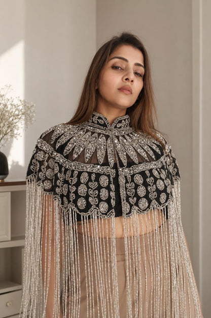 Black Silver Beaded Capelet with Fringe, Embroidered Shoulder Cover Up, Art Deco Evening Wedding Accessory Bridesmaid Dress Cape