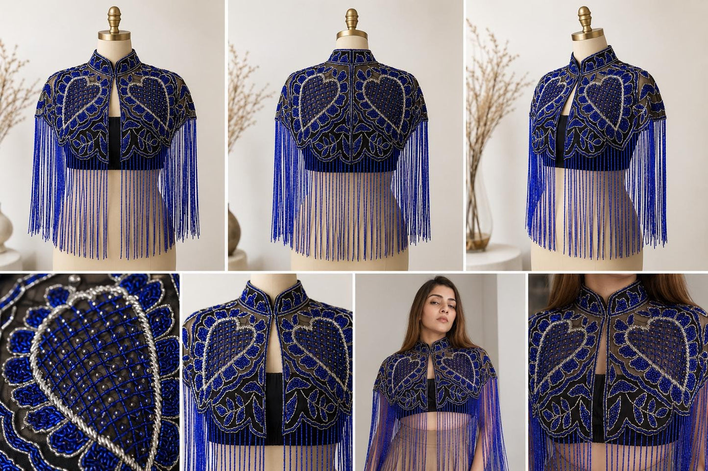 Royal Blue Beaded Capelet with Fringe Embroidered Shoulder Cover Up For Brides Bridesmaid Cocktail Events Dresses