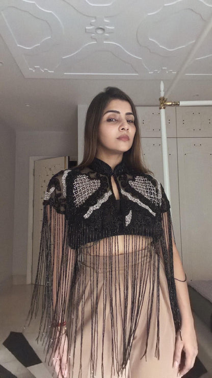 Black Silver Beaded Fringe Capelet Embroidered Statement Cape Evening Cover Up Festival & Bridal Shoulder Jewelry Bridesmaid Dress Cape