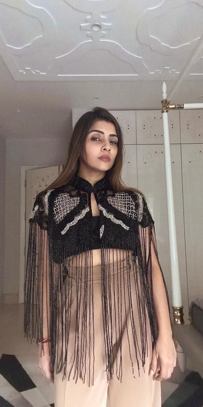 Black Silver Beaded Fringe Capelet Embroidered Statement Cape Evening Cover Up Festival & Bridal Shoulder Jewelry Bridesmaid Dress Cape