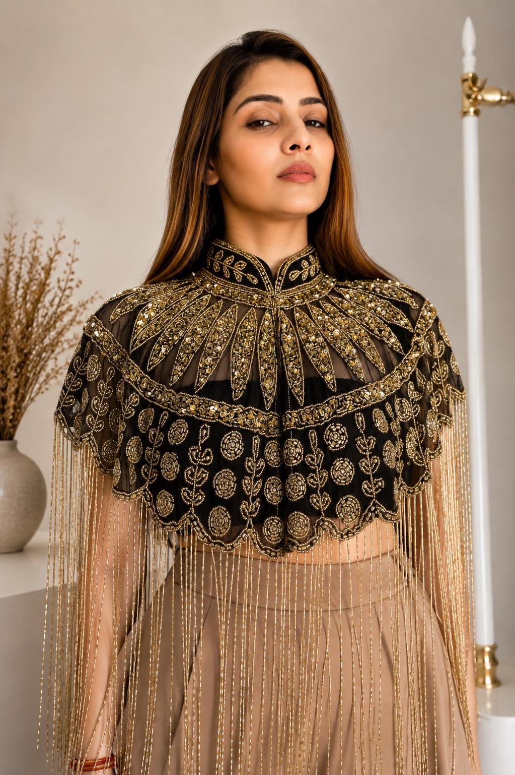 Gold Beaded Fringe Capelet, Black Embroidered Cape, Statement Evening Cover Up, Bridal Shawl, Festival & Party Wear