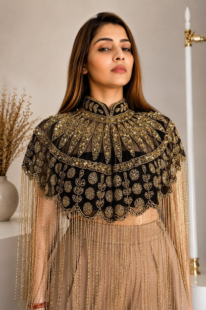 Gold Beaded Fringe Capelet, Black Embroidered Cape, Statement Evening Cover Up, Bridal Shawl, Festival & Party Wear