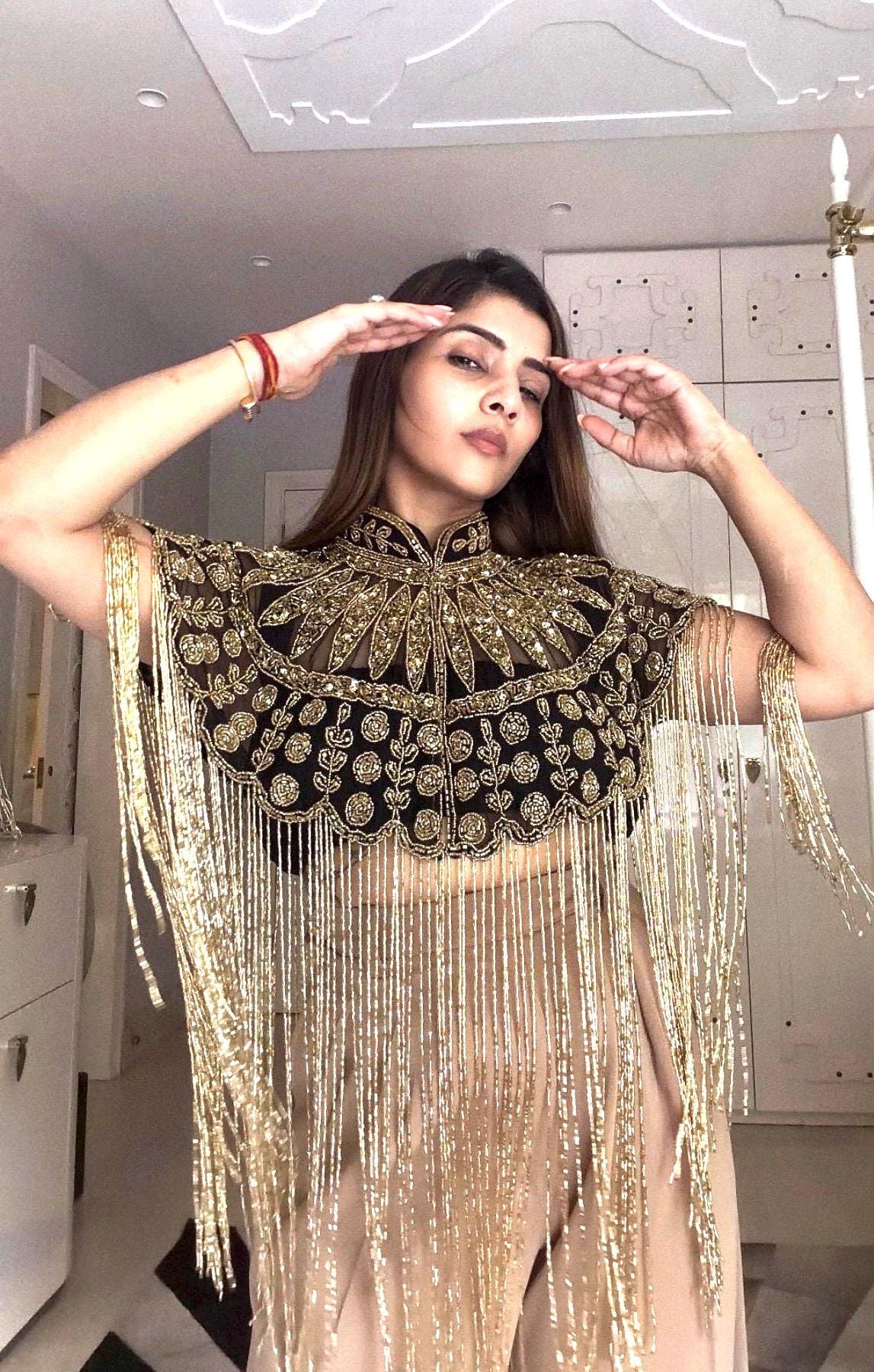 Gold Beaded Fringe Capelet, Black Embroidered Cape, Statement Evening Cover Up, Bridal Shawl, Festival & Party Wear