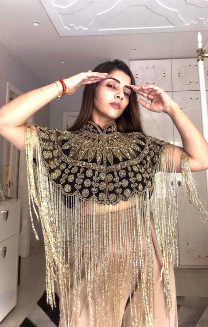 Gold Beaded Fringe Capelet, Black Embroidered Cape, Statement Evening Cover Up, Bridal Shawl, Festival & Party Wear
