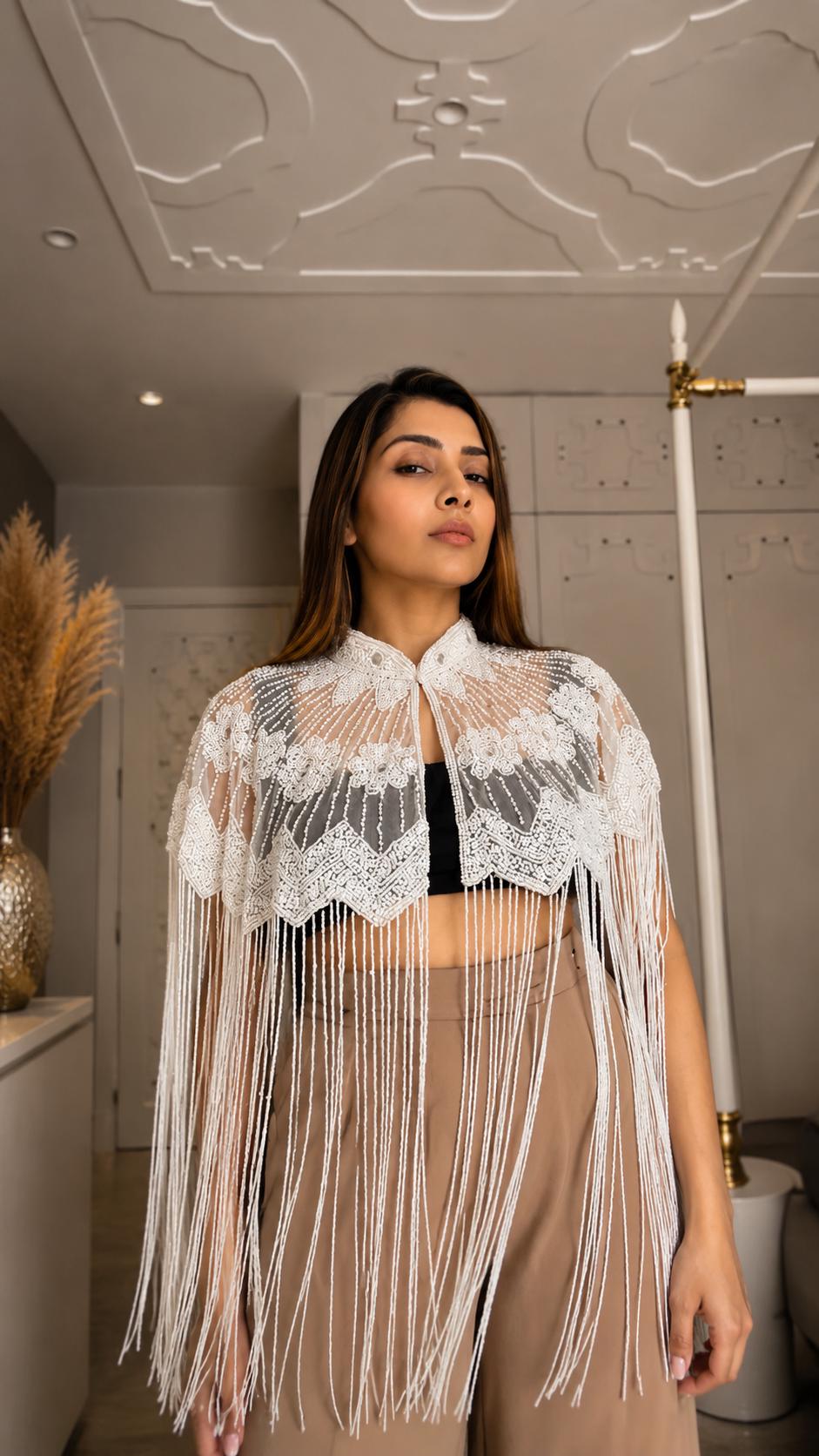 White Beaded Fringe Capelet, Embroidered Statement Shoulder Cape with Long Fringe Handmade Bridal coverup Bridesmaid Gift Festival Dress