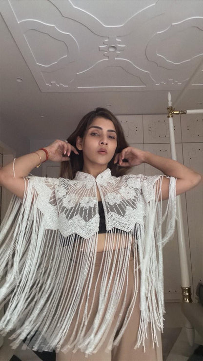 White Beaded Fringe Capelet, Embroidered Statement Shoulder Cape with Long Fringe Handmade Bridal coverup Bridesmaid Gift Festival Dress