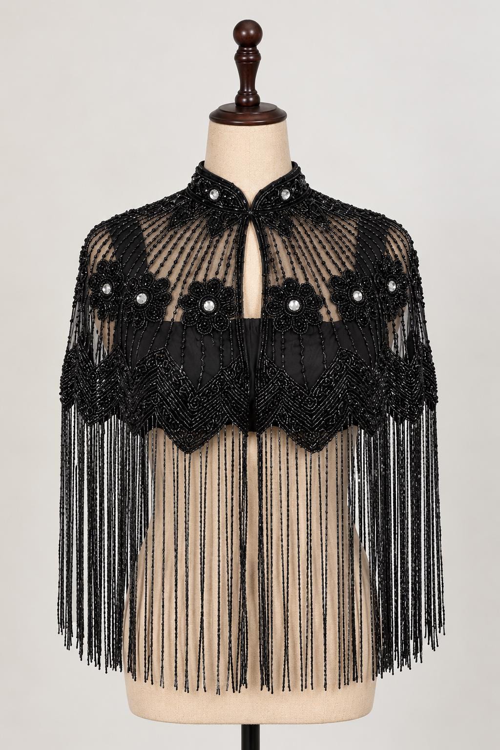 Black Beaded Fringe Cape Sheer Bridal Capelet, Embellished Wedding Cover Up Luxury Evening Shawl Couture Party Wrap